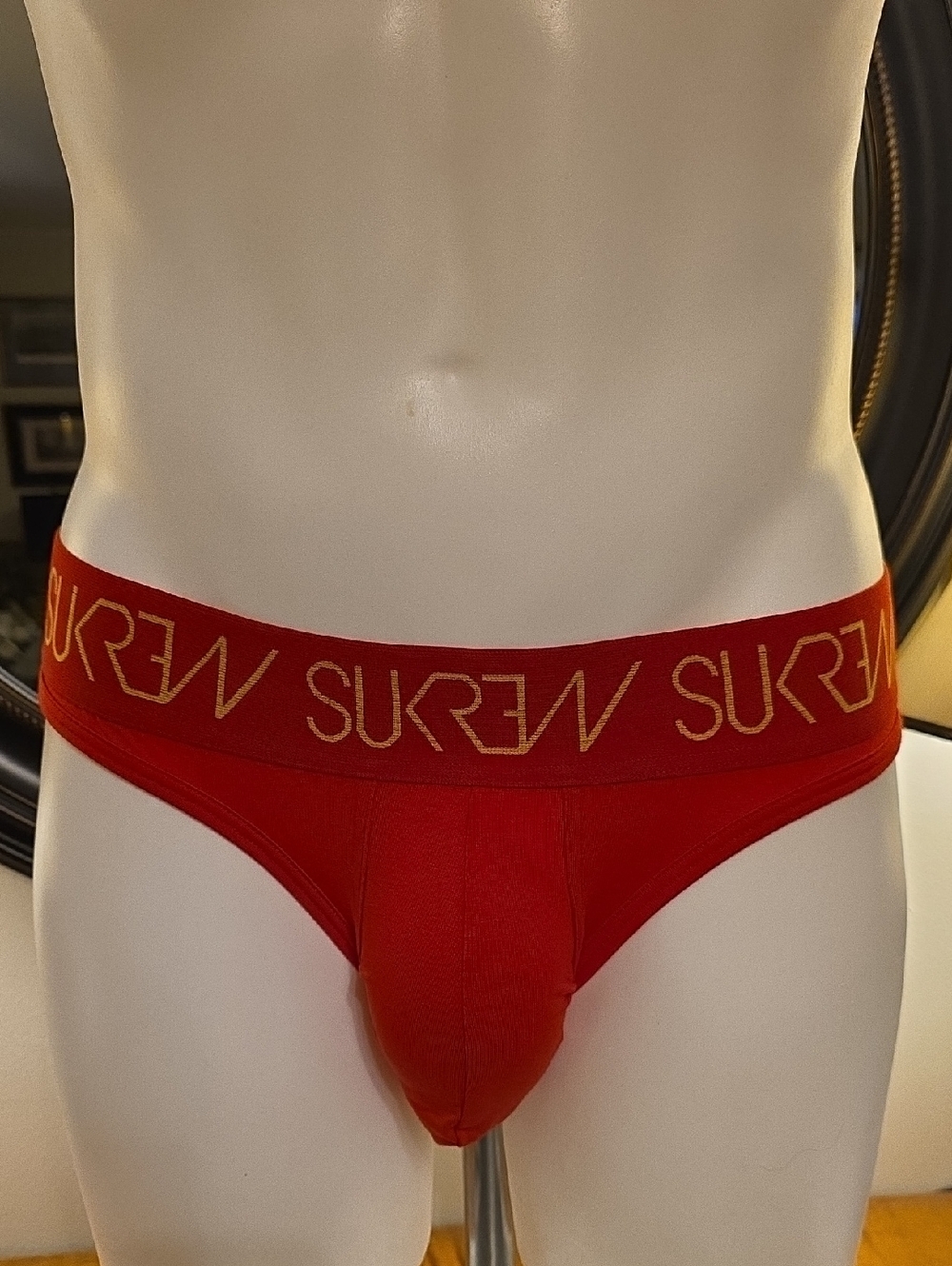 Red Men's Briefs with Gold Logo Waistband by